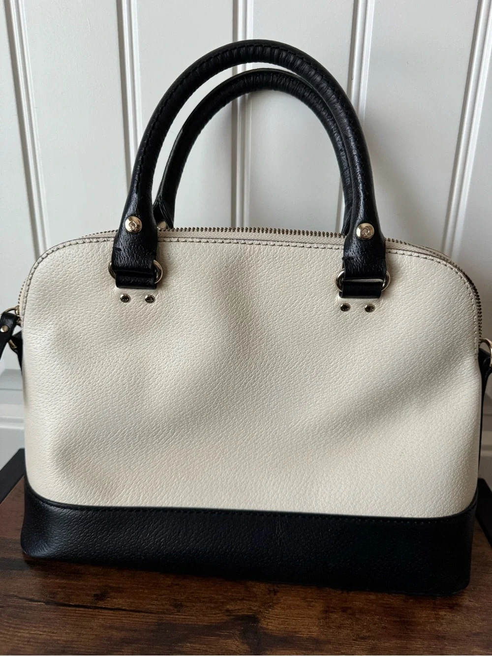 Kate Spade Two Tone Leather Dome Satchel Black Cream Handbag